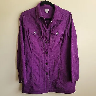 Buy Chico's Womens Jacket Size 8 Purple Denim Paisley Chest And Front Slash Pockets • 27.95£