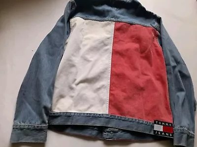 Buy Tommy Hilfiger USA Vtg Denim Jacket American Flag Rare UK Size Large Oversized   • 70£