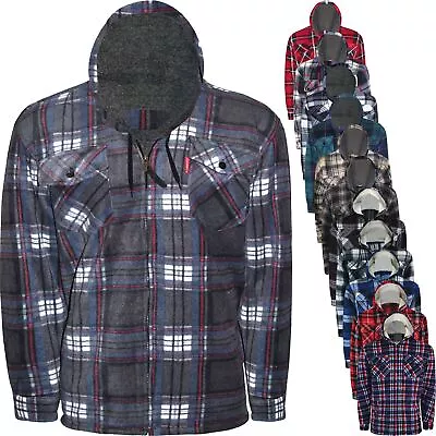 Buy Mens Thick Fleece Lined Hooded Padded Sherpa Fur Check Lumberjack Shirt Work • 19.99£
