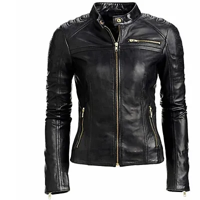 Buy Ladies Black Slim Fit Biker Sheep Leather Moto Leather Classic Leather Jacket • 64.99£