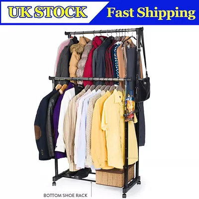 Buy Heavy Duty Double Clothes Rail Rack Garment Hanging Display Stand Shoe Storage • 10.90£