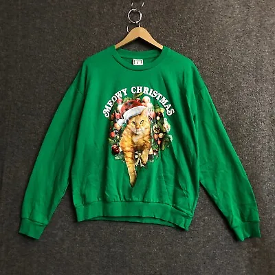 Buy Christmas Cat Sweater Shirt Womens Size Large Green Cotton Long Sleeve Meowy NWT • 15.15£