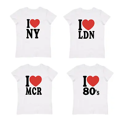 Buy White Ladies Fancy Dress I Love 80s I Love New York MCR LDN Plain Pink T-shirt • 9.95£