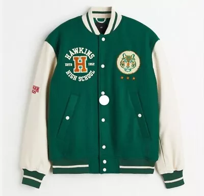 Buy Stranger Things H&M Hawkins Netflix Collectible Baseball Bomber Jacket Mens SM • 207.50£