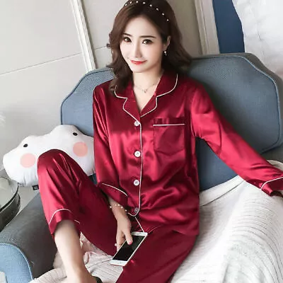 Buy Ladies Satin Pyjamas PJs Womens Silk Long Sleeve Soft Sleepwear Nightwear Set UK • 8.79£