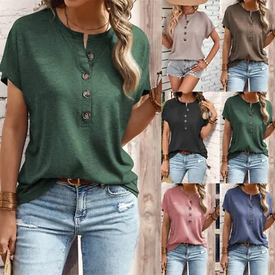 Buy Womens Summer Button Blouse Tops Ladies Short Sleeve Plain Tee T Shirt Plus Size • 7.99£