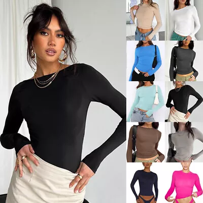 Buy Women Crew Neck Basic T-Shirt Tops Long Sleeve Stretch Slim Holiday Solid Blouse • 9.59£