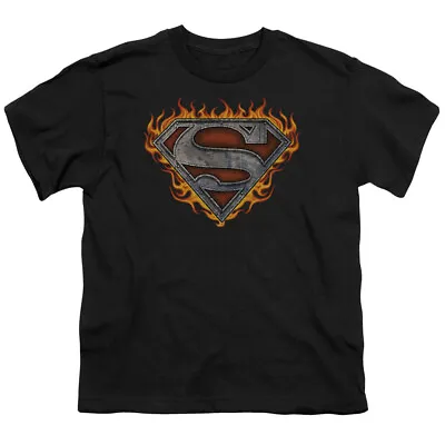 Buy Superman Iron Fire Shield Kids Youth T Shirt Licensed Clark Kent DC Comics Black • 14£