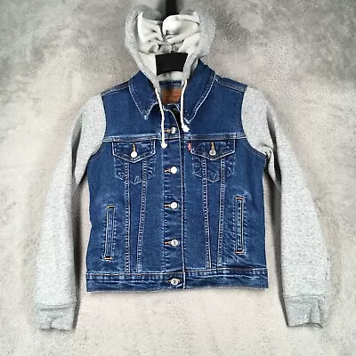 Buy Levis Jacket Womens Small Denim Trucker Hoodie Blue Button Up Hybrid Casual • 24.56£