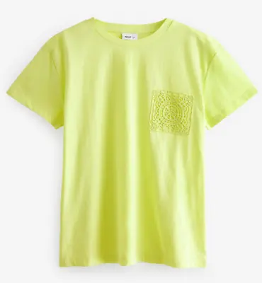 Buy Next Yellow / Lime Lace Detail T-Shirt 100% Cotton Short Sleeve Top UK 12-22 • 7.99£