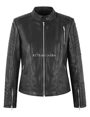 Buy Ladies Black Classic Biker Soft Lambskin Leather Jacket Slim Fit Zippers Style • 63.99£