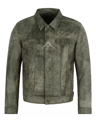 Buy Leather TRUCKER JACKET Olive Vintage Cracker RealLeather 70's Shirt Jacket • 93.41£