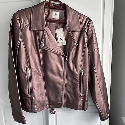 Buy BNWT Metallic Look Dusky Pink Faux Leather Biker Jacket Size 16 • 30£