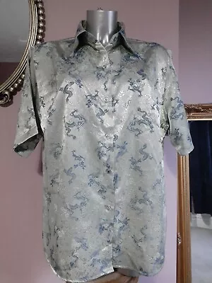 Buy *ORIENTAL DRAGON* Green Button Front Pyjama Top Shiny  Silky Ornate Floral • 3.75£