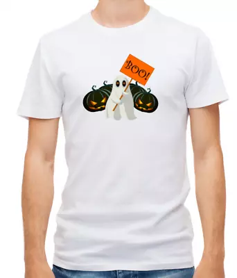Buy Boo Pumpkin Ghost Happy Halloween  White/Black Short Sleeve Men T Shirt H608 • 10.98£