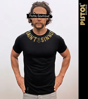 Buy Pistol Boutique Men's Black Crew Neck GOLD SAINT & SINNER CROSS Slogan T-shirt • 22.49£