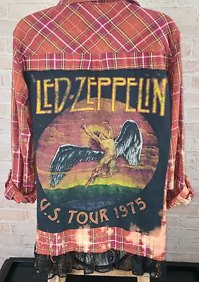 Buy Upcycled Distressed Flannel Shirt Rockabilly  Led-Zeppelin  Graphic Tee Women 2X • 56.88£
