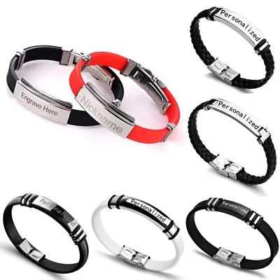 Buy Personalized Mens Engraved Custom Leather Stainless Steel Bracelet Jewellery New • 3.41£
