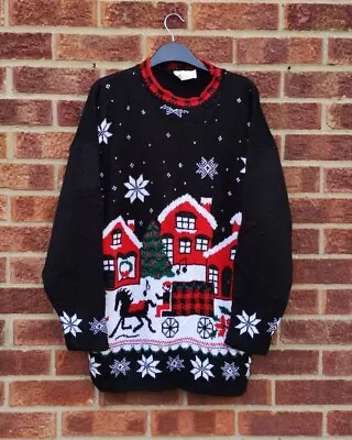 Buy Vtg Black Christmas Jumper Red Green White Sparkly Sweater Patterned Village M • 35£