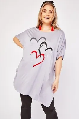 Buy New Lavender Grey & Multi Colour HEART STRETCHY T-Shirt Top One Size 20-22-24 • 5.99£