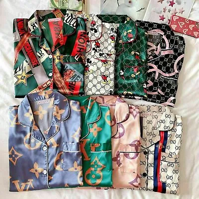 Buy Women Ladies Pyjamas Set PJ Silk Satin Long Sleeve Print Button Up Loungewear UK • 10.79£