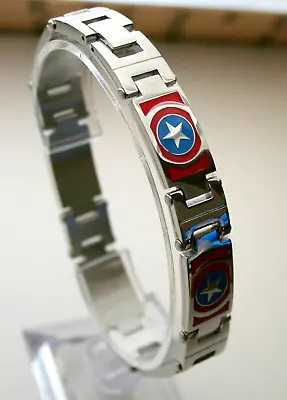 Buy Marvel Comics Captain America Shield Mens RWB Stainless Steel Link Bracelet NOS • 28.74£