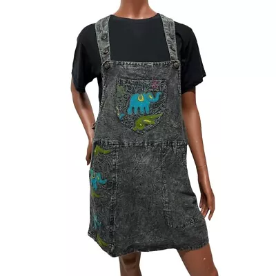 Buy Grey Elephant Embroidered Pinafore Dress S-XL Fairtrade Hippy Boho Nepalese • 32£