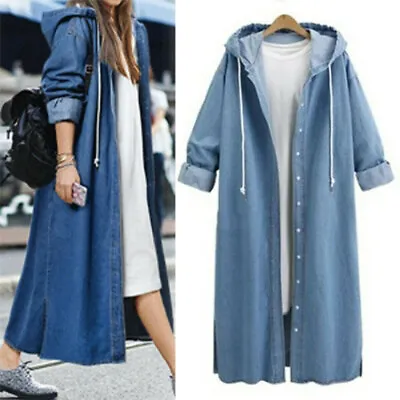 Buy Women Hoodie Denim Long Coat Long Sleeve Loose Hooded Outwear Casual Jean Jacket • 12.70£