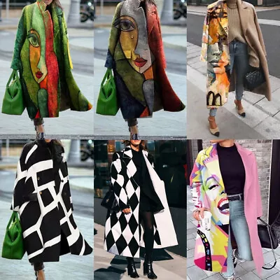 Buy Women New Print Coat Jacket Lapel Overcoat Loose Fit Autumn Winter Fashion S-3XL • 35.99£
