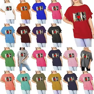 Buy Womens Love Heart Print One Shoulder Oversized Batwing Sleeve Solid T Shirts Tee • 4.49£