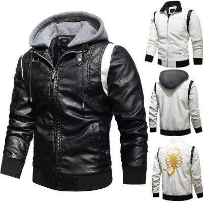 Buy Men PU Leather Hoodie Jacket Autumn Motorcycle Biker Zip Up Coat Hooded Outwear • 28.66£