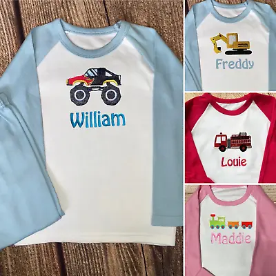 Buy Personalised Embroidered 100% Cotton Pyjamas, Digger, Train, Fire Engine, Truck • 18.49£
