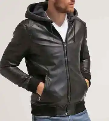 Buy Genuine Men's Black Biker New Style Retro Real Leather Jacket Removable Hood • 24.44£