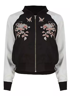 Buy Ladies Full Zip Floral Embroidered Satin Bomber Jacket 8 10 12 14 16 18 • 11.16£