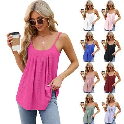 Buy Womens Strappy Cami T Shirts Pleated Blouse Loose Tee Tops Summer Tank Vest SIZE • 7.19£