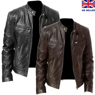 Buy Men's Faux PU Leather Jacket Motorcycle Biker Stand Collar Zip Up Coat Outwears- • 29.87£