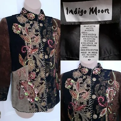 Buy INDIGO MOON Jacket Size S Cotton Blend Black/Brown Chenille Sequin Embellished • 36£
