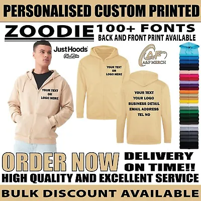 Buy Personalised Custom Just Hoods AWDis Zoodie Text Logo Full Zip Up Hoodie JH050 • 25.99£