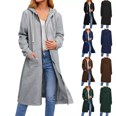 Buy Women Ladies Long Hooded Hoodie Zip Up Pocket Jumper Fleece Coat Sweatshirt Tops • 11.74£