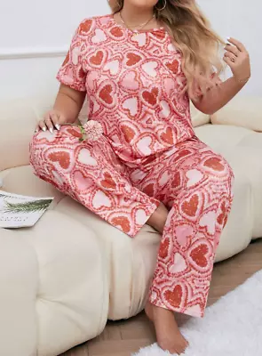 Buy Pyjama Set Plus  22 24 26 28 Ladies Pink Red Heart Stretch Loungewear Comfort • 9.99£