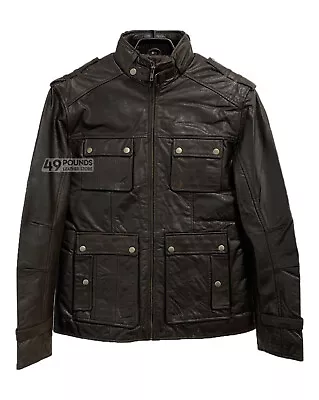 Buy Mens Multi Pocket Biker Leather Jacket Safari Slim Fit Style Brown Glaze Leather • 49£