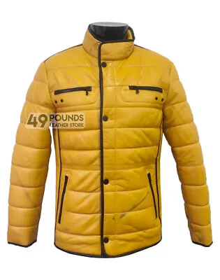 Buy Men's Quilted Puffer Leather Jacket Yellow Real Lambskin Padded Jacket P-691 • 33.15£