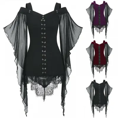 Buy Halloween  Ladies Steampunk Victorian Gothic Tops Lace Up Batwing Blouse Clothes • 25.07£