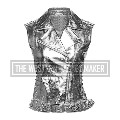 Buy Silver Waistcoat For Women, Leather Biker Vests Womens, Get 20% & Free Shipping • 137.89£