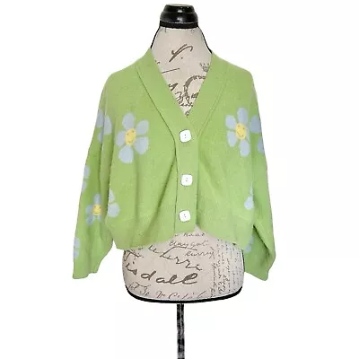 Buy Womens Sweater Cardigan Button Size Large Crop Green Floral Grandmacore Y2k Cozy • 22.90£
