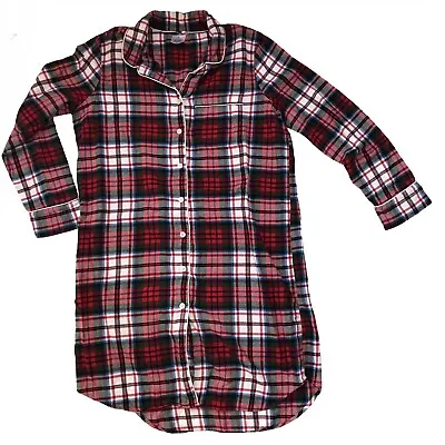 Buy Lands End Flannel Sleep Shirt Red Plaid Holiday Christmas M 10 12 Nightgown Camp • 17.71£