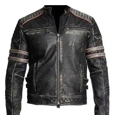 Buy Men's Retro Vintage Distressed Black Slim Fit Motorcycle  Real Leather Jacket • 74.99£