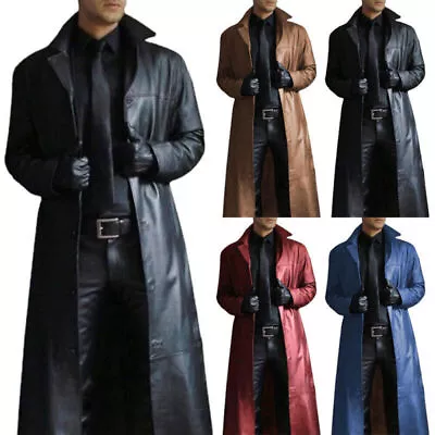Buy Retro Trench Coat Men Faux Leather Long Jacket Full Length Overcoat Fashion • 35.86£