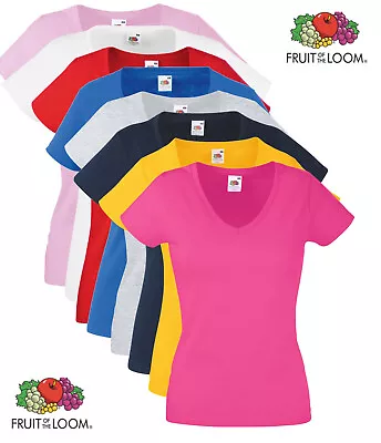 Buy Womens Fruit Of The Loom Plain Cotton Ladies Fit V Vee Neck T-Shirt Tee Shirt • 6.71£