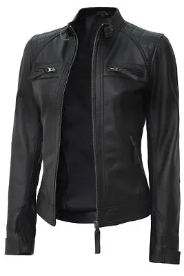 Buy Ladies Women's Black Slim Fit Biker Lambskin Leather Designer Jacket • 70£